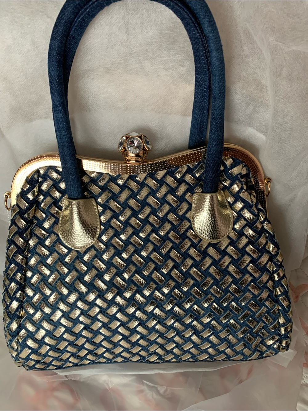 Blue and Gold Woven Frame Satchel Handbag